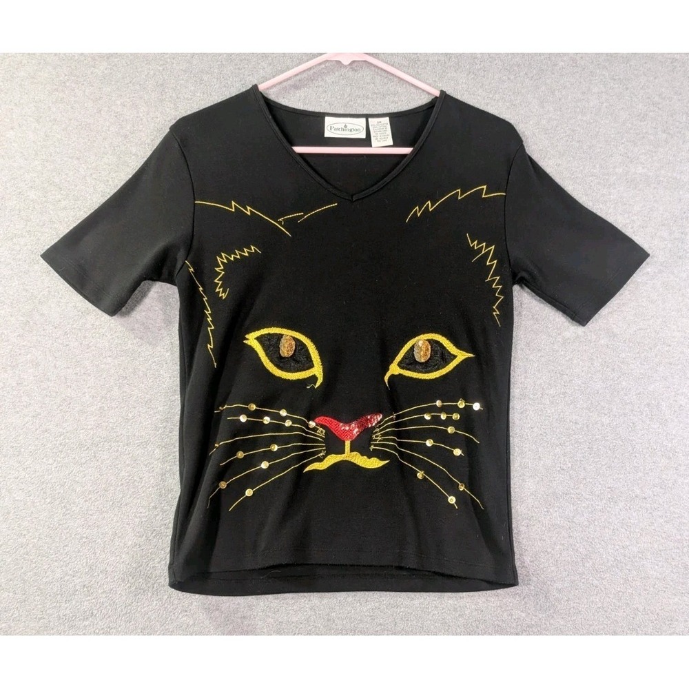 VTG Patchington Cat Sequin Embroided Shirt Women's Small Black Grandma Kitty
